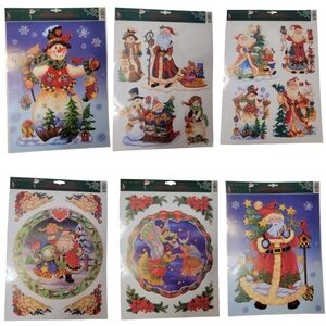 Window Clings Vintage Glitter Lot Of 6 Santa Snowman Angels Birds Decor